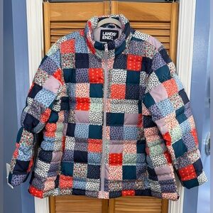 Lands' End Patchwork Puffer Jacket - Red, Blue, White